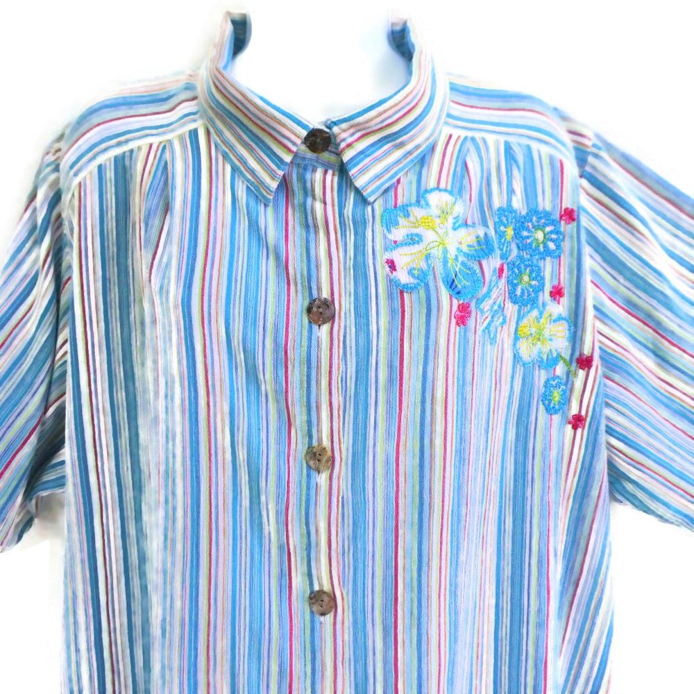 Liz & Me Liz Claiborne Shirt Gauze Rainbow Stripes Floral Embroidery 1X Plus - Picture 7 of 10